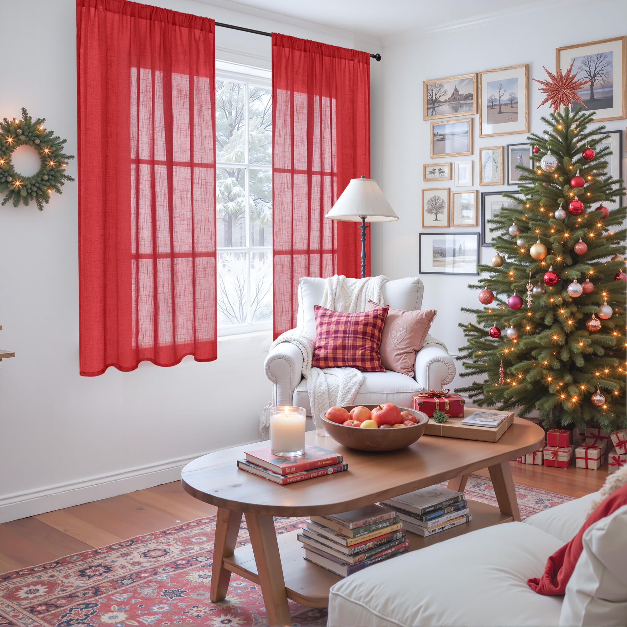 BGment Red Linen Curtains 54 Inch Length for Bedroom Window, Semi Sheer Drapes Lightweight Rustic Textured for Living Room Farmhouse with Rod Pocket, 2 Panels Set, Each 42 Inch Wide