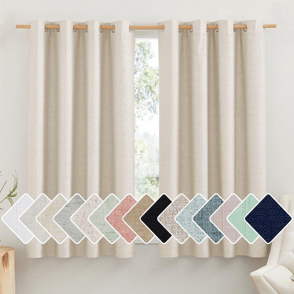 NICETOWN 100% Absolutely Blackout Linen Curtains with Thermal Insulated White Liner, Beige, 52" Wide by 48" Long, 2 Pieces, Anti-Rust Grommet Natural Burlap Fabric Window Drapes for Bedroom/Kids Room