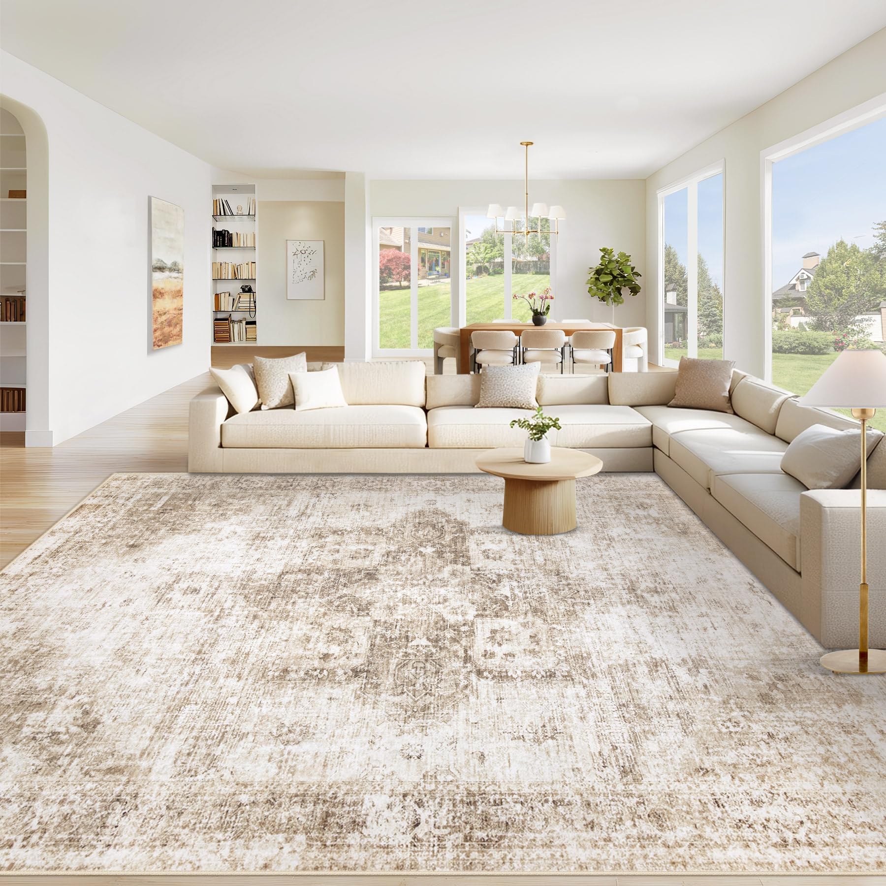 VECARF Area Rug 8x10 Washable Rug, Vintage Boho Medallion Rugs Non-Slip Soft Low Pile Large Distressed Rug Indoor Retro Carpet for Living Room Bedroom Dining Room Home Office (Brown, 8'x10')