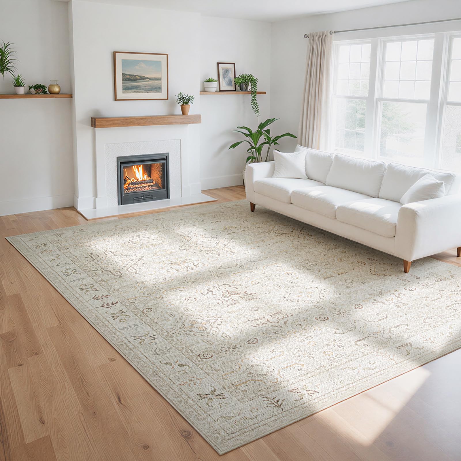 8x10 Washable Area Rugs for Living Room,Bedroom,Dining Room - Retro Beige