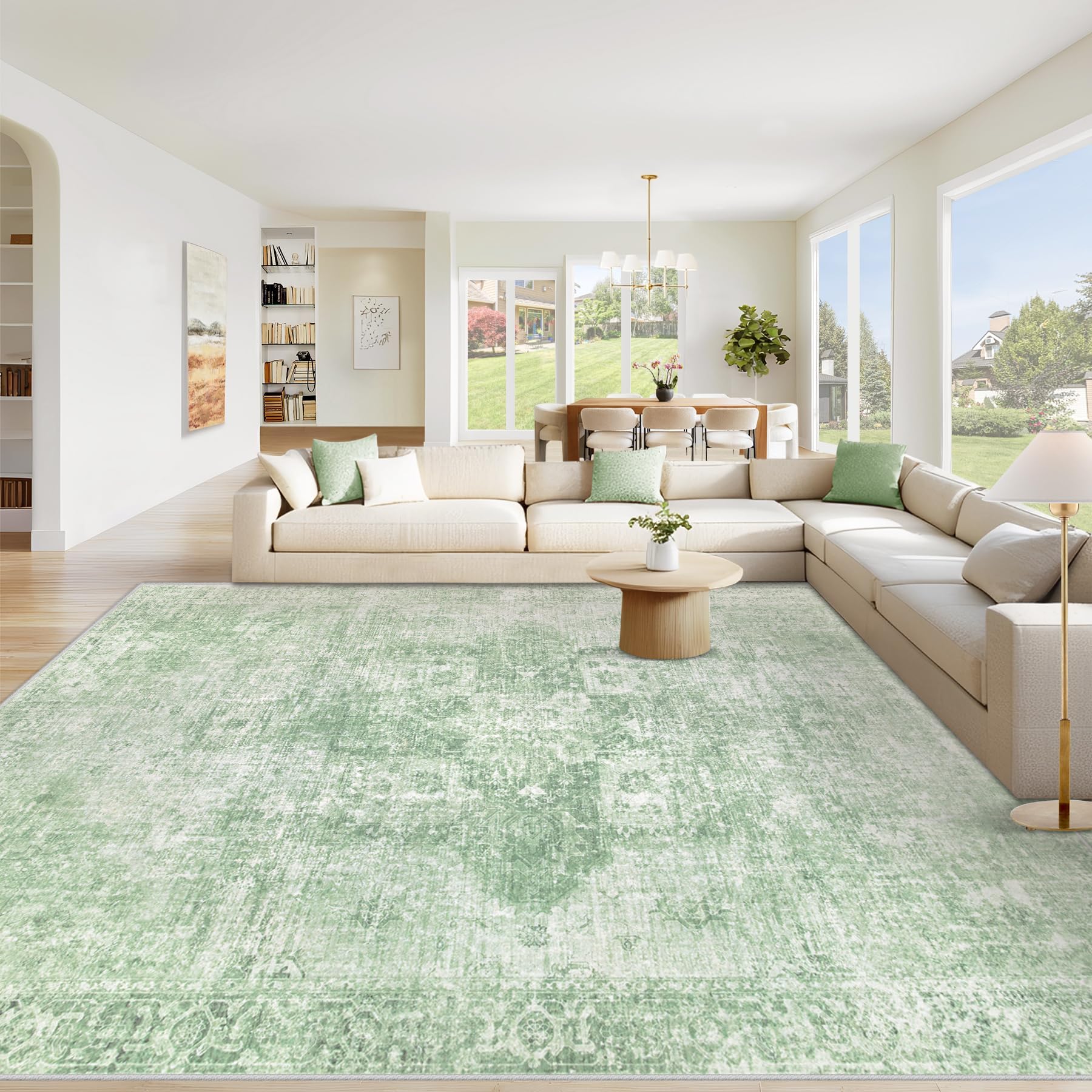 VECARF Area Rug 9x12 Washable Rug, Vintage Boho Medallion Rugs Non-Slip Soft Low Pile Large Distressed Rug Indoor Retro Carpet for Living Room Bedroom Dining Room Home Office (SageGreen, 9'x12')