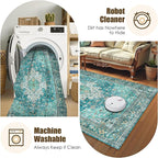 Washable Area Rug 5' x 7' Vintage Traditional Persian Mat - Foldable Distressed Non-Slip Machine Washable Carpet for Living Room Bedroom Kitchen Home Decor - Teal and Gold