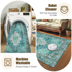 Washable Area Rug 9' x 12' Vintage Traditional Persian Mat - Foldable Distressed Non-Slip Machine Washable Carpet for Living Room Bedroom Kitchen Home Decor - Teal and Gold