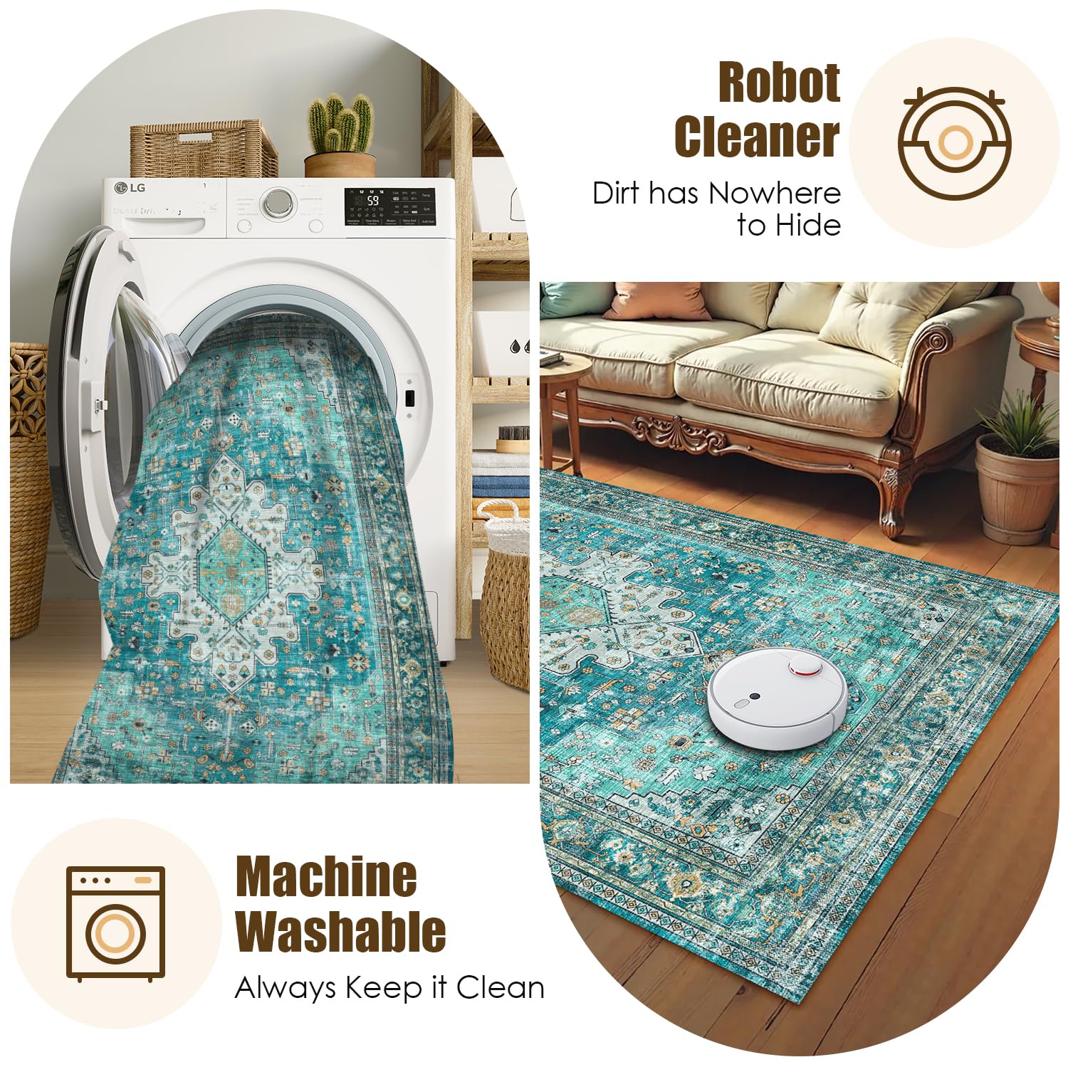 Washable Area Rug 9' x 12' Vintage Traditional Persian Mat - Foldable Distressed Non-Slip Machine Washable Carpet for Living Room Bedroom Kitchen Home Decor - Teal and Gold