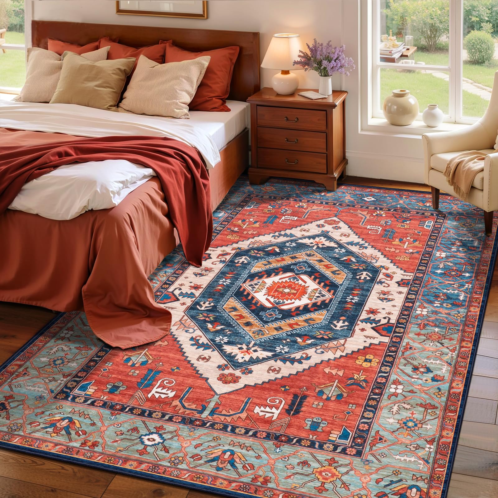 SERISSA 4x6 Washable Non Slip Boho Area Rug for Bedroom，Rust
