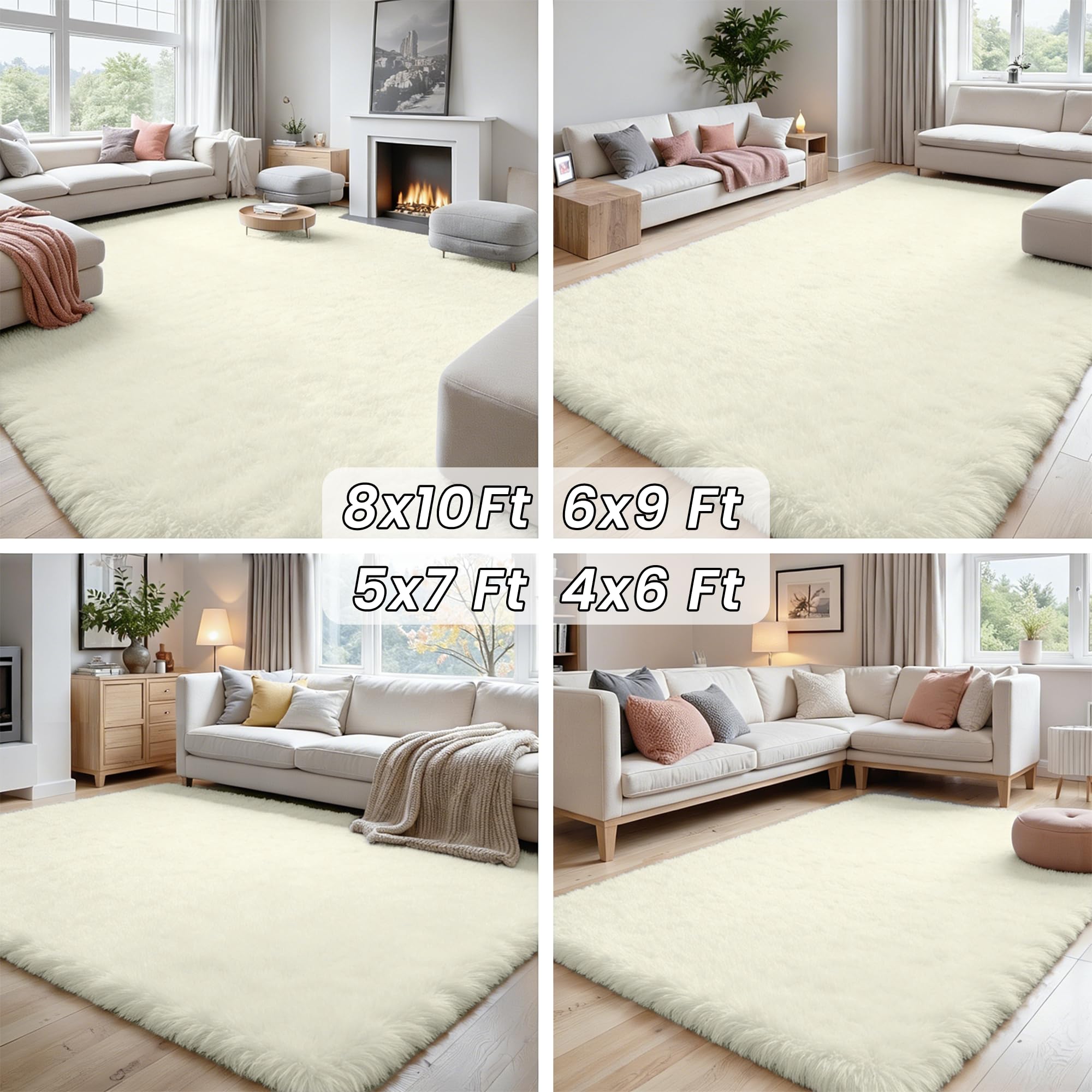 4x6 Fluffy Shag Area Rugs for Living Room Bedroom: Soft Carpet Cream White