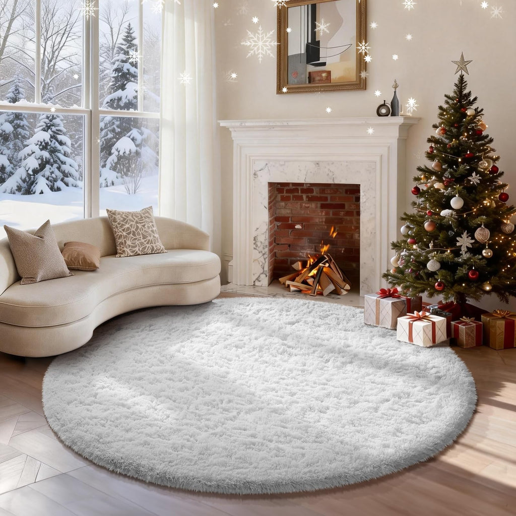 Ophanie Round Rug 5Ft White Circle Area Rug, Aesthetic Room Decor, Fluffy Fuzzy Bedroom Carpet, Plush Soft Shaggy Living Room Rugs for Kids Home Decor, Nursery with Over 99 pcs Pile fibers