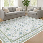 Hazo Haus Cream Oushak 6x9 Bedroom Rug - Boho Floral Cool Blue and Green, Washable Low Pile Non-Slip Ultra-Thin Large Area Rugs for Bed Room, Living Room, Playroom