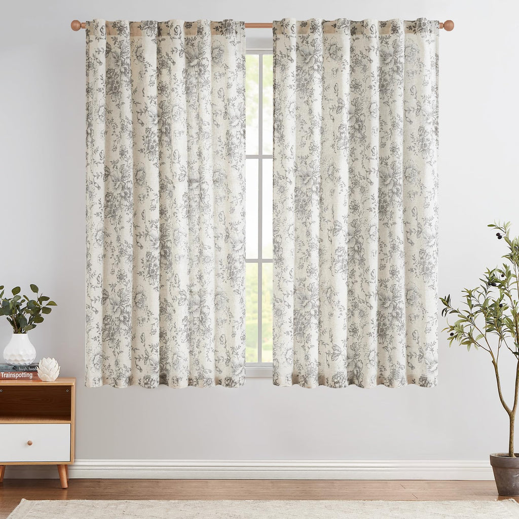 jinchan Vintage Floral Linen Curtains 54 Long for Living Room 2 Panels