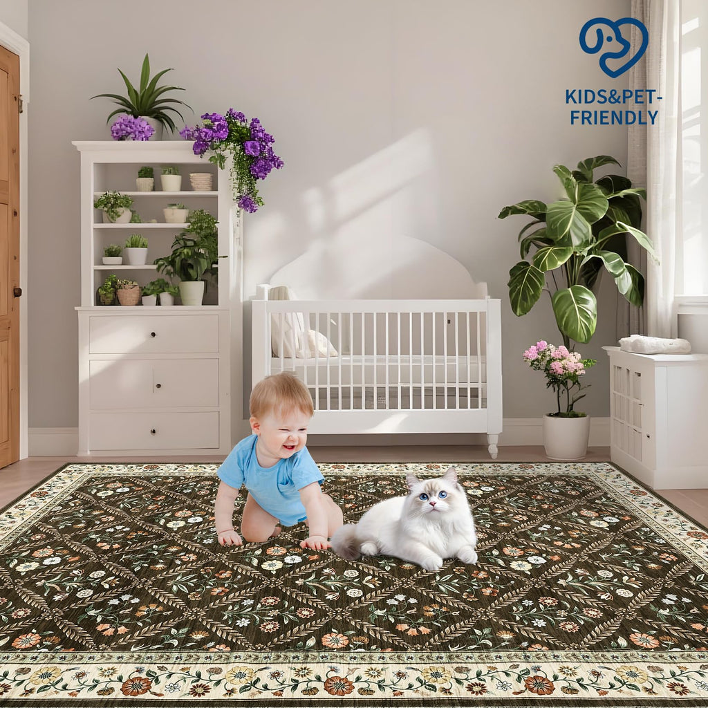 GarveeHome 6x9 Machine Washable Area Rugs for Living Room Floral Stain Resistant Soft Carpet Vintage Low Pile Non Slip Non-Shedding Floor Carpet Rugs for Bedroom Nursery Brown
