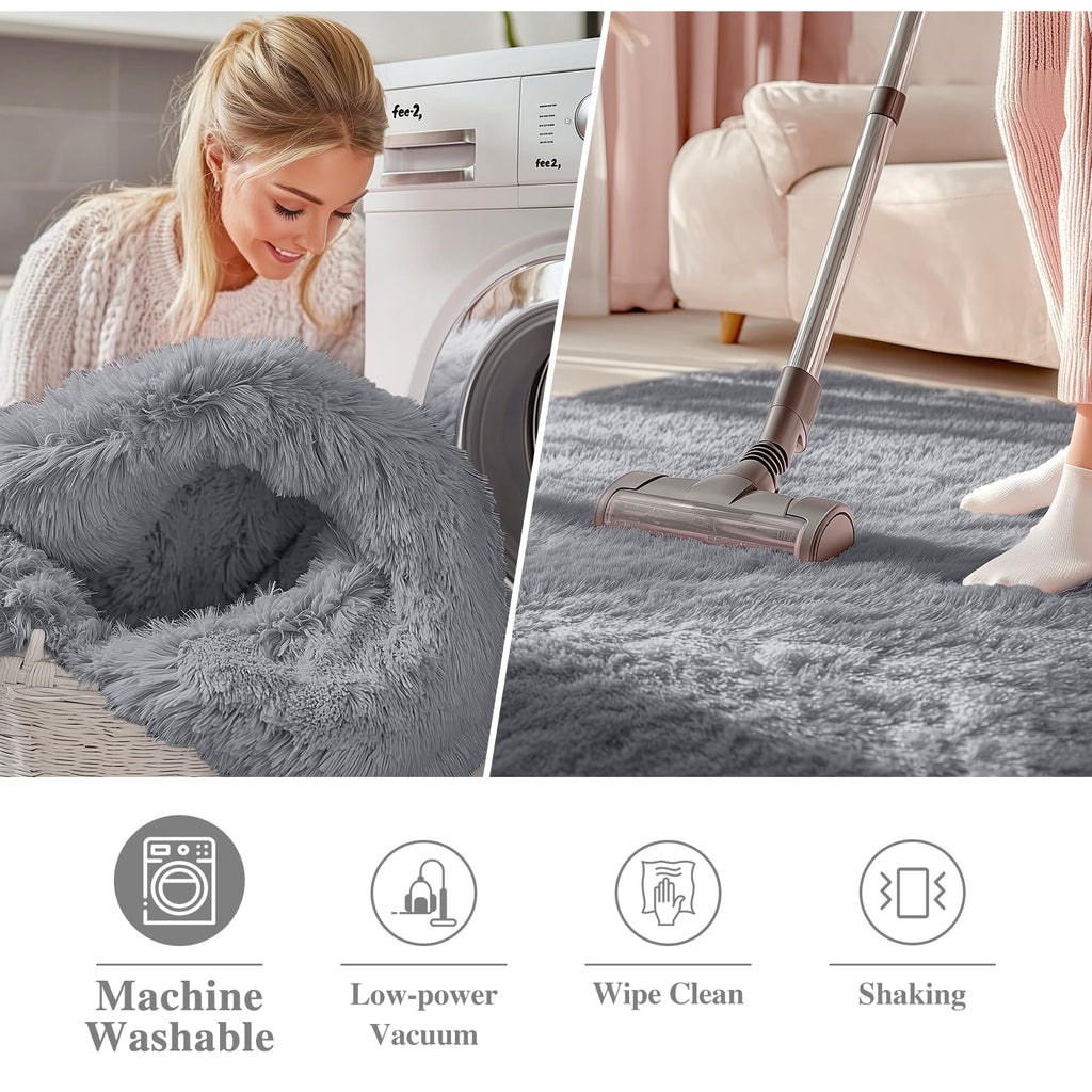 OLANLY Light Grey Round Rugs for Bedroom - Machine Washable, 5 ft Circle Area Rugs for Living Room, Soft and Fluffy Shaggy Carpet for Teen Girls and Boys, Nursery Rooms, Dorms, Home Decor Aesthetic