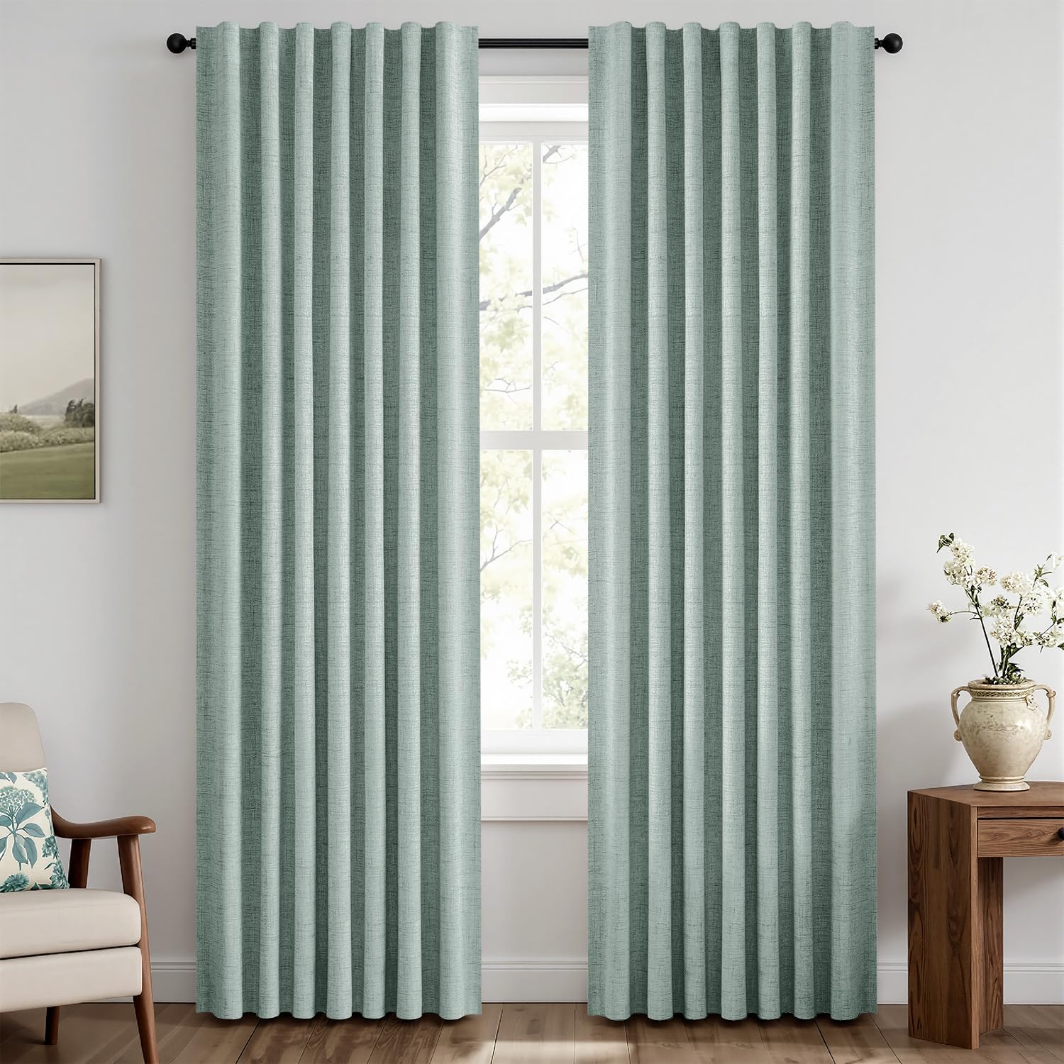 MIULEE 100% Blackout Linen Curtains 42 x 84 Inch Seafoam Green 2 Panels