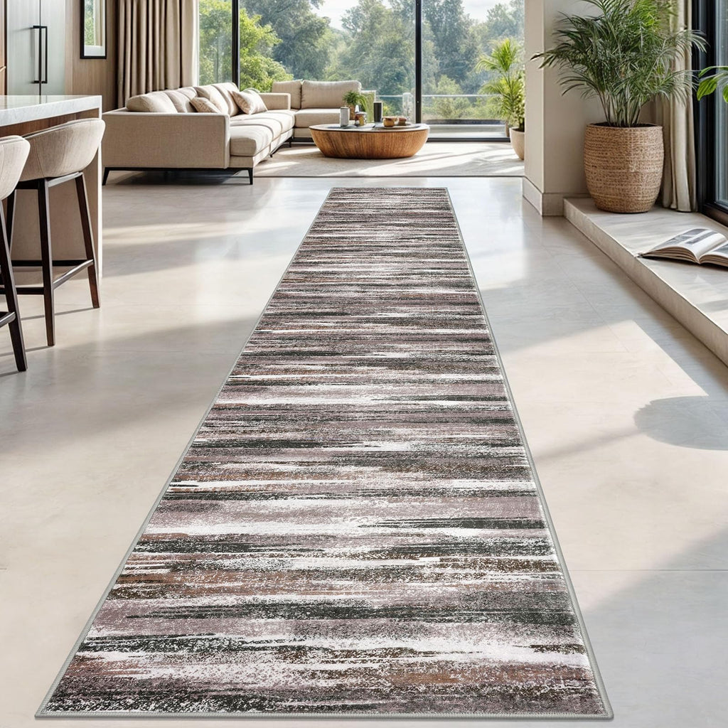 Lansny Modern Abstract Runner Rug 2.6x18, Dark Light Brown White Washable Long Kitchen Runner Non-Slip Soft Hallway Rug Runner Thin Print Faux Wool Carpet for Entryway Bedroom Laundry Room Indoor