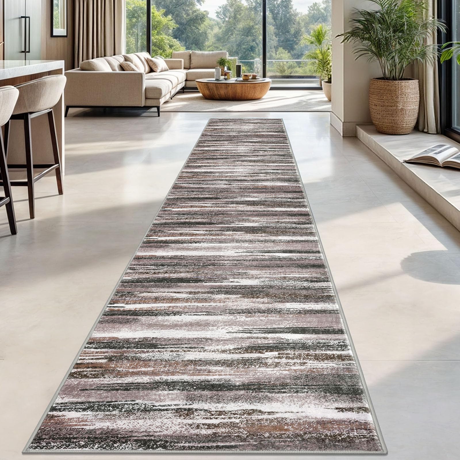 Lansny Modern Abstract Runner Rug 2.6x18, Dark Light Brown White Washable Long Kitchen Runner Non-Slip Soft Hallway Rug Runner Thin Print Faux Wool Carpet for Entryway Bedroom Laundry Room Indoor