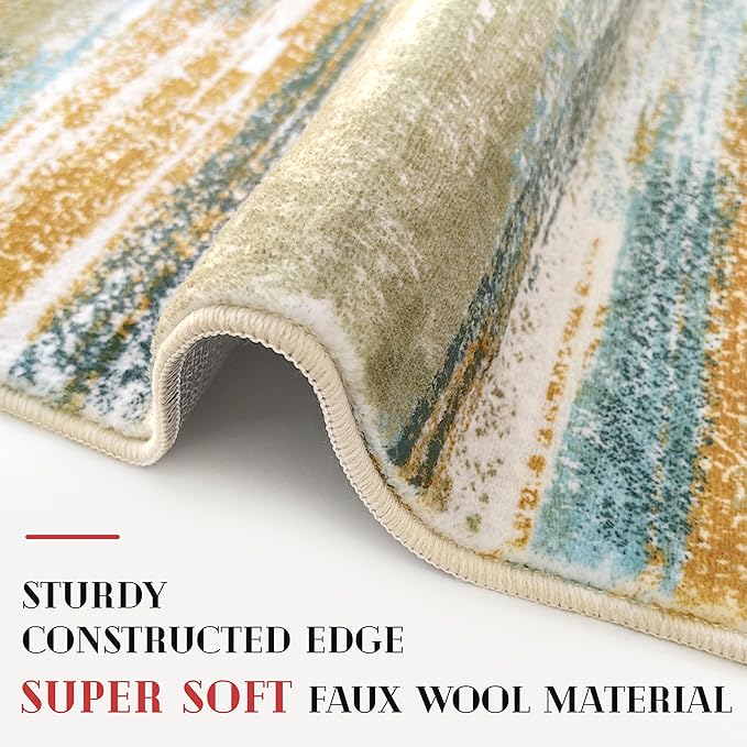 Lansny Modern Abstract 9x12 Large Machine Washable Living Room Rug Non-Slip Soft Bedroom Area Rug Green Mustard Multi Ultra Thin Print Faux Wool Carpet Throw Rugs for Playroom Dining Room Indoor