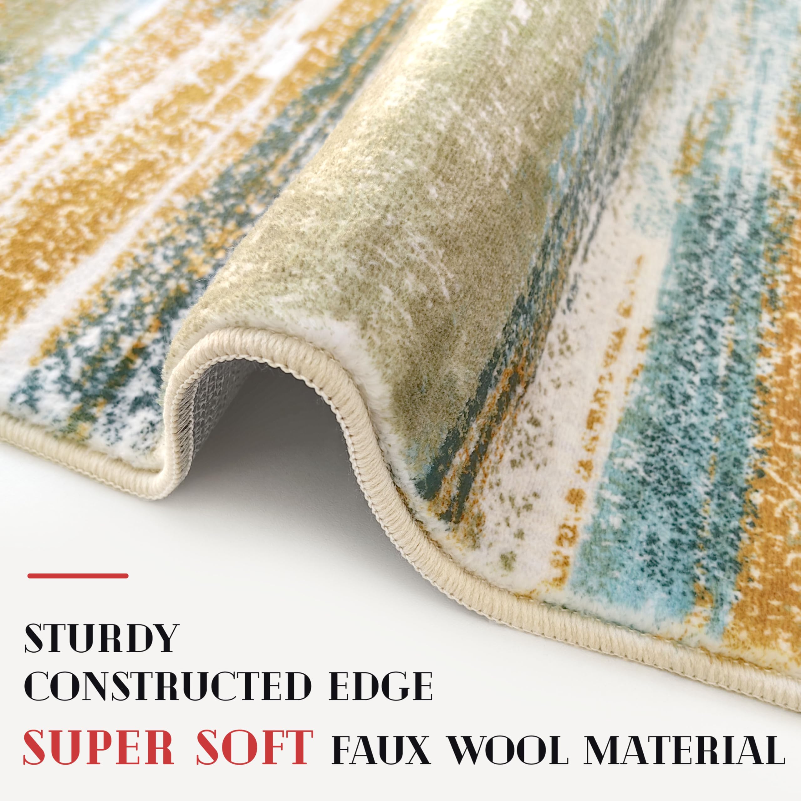 Lansny Modern Abstract 4x6 Living Room Washable Rug Non-Slip Soft Bedroom Area Rug Green Mustard Multi Thin Print Faux Wool Floor Carpet Throw Rugs for Nursery Playroom Dining Room Indoor Office