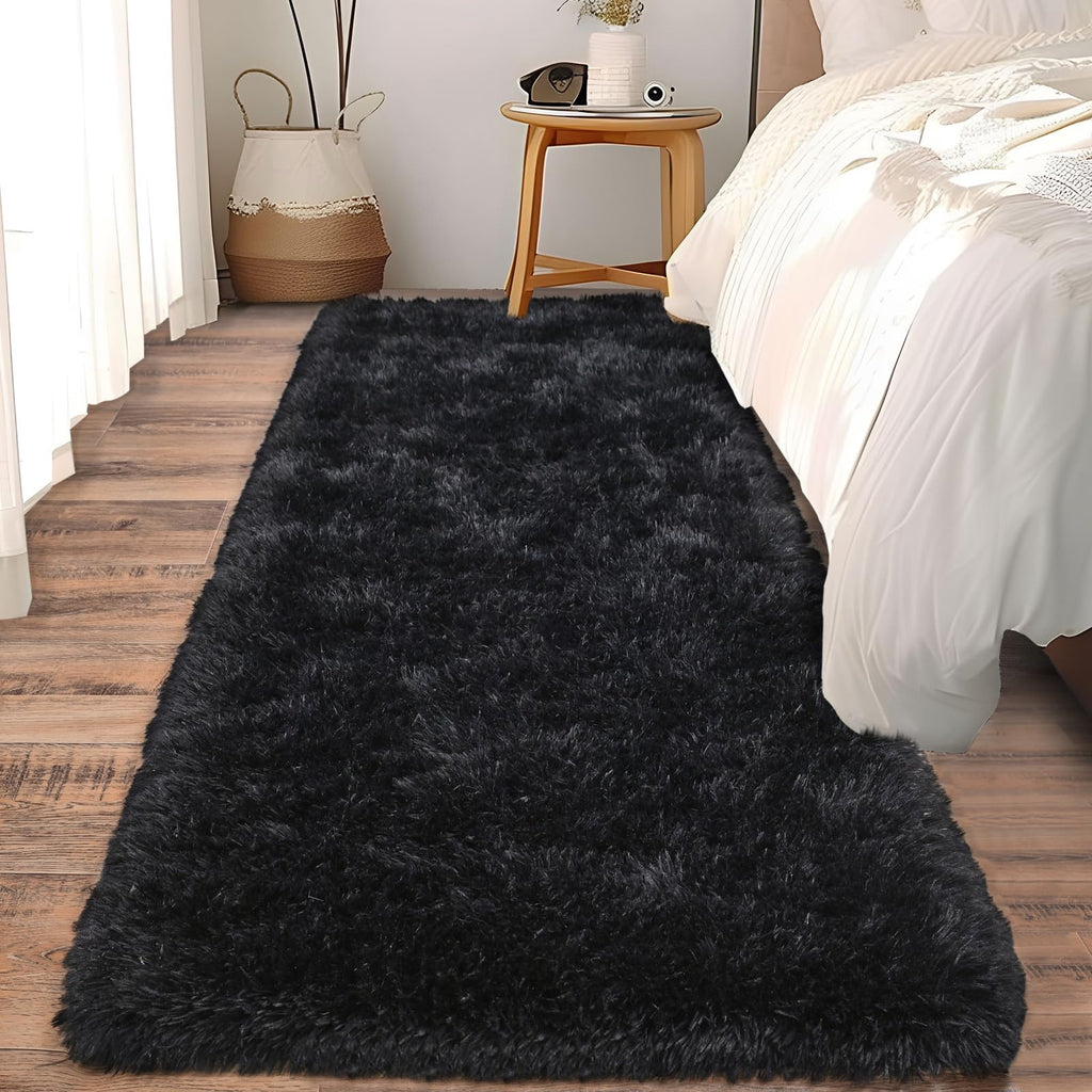 Ailyei Fluffy Shag Runner Rugs for Bedroom Hallways, 2x8 Black Long Soft Throw Area Rug Non Slip for Bedside Dorm, Shaggy Furry Carpet for Nursery Living Room Home Decor