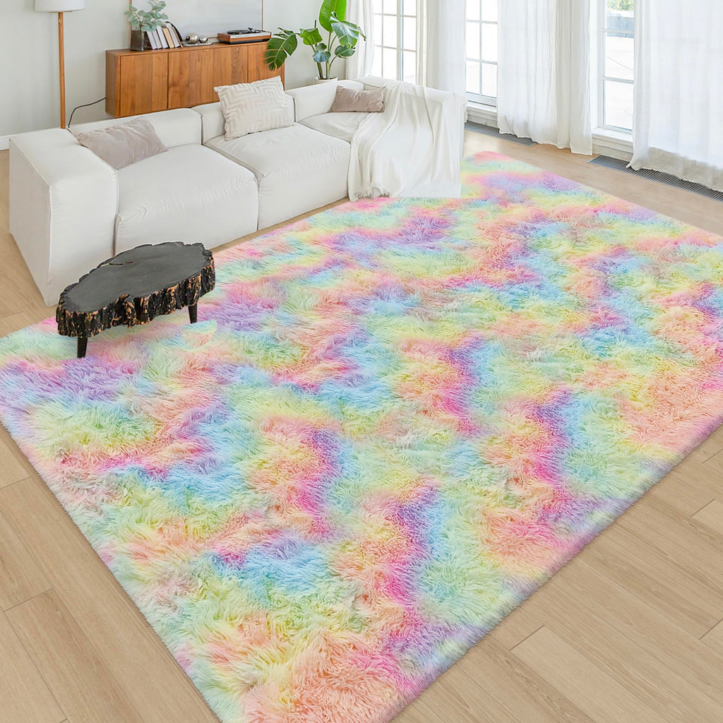 Fluffy Rainbow Colorful Area Rug for Living Room 6x9 Kawaii Tie Dye Rug Fuzzy Indoor Floor Unicorn Rug for Bedroom Girls Kids Nursery Baby Princess Room Dorm Home Decor Aesthetic Carpets