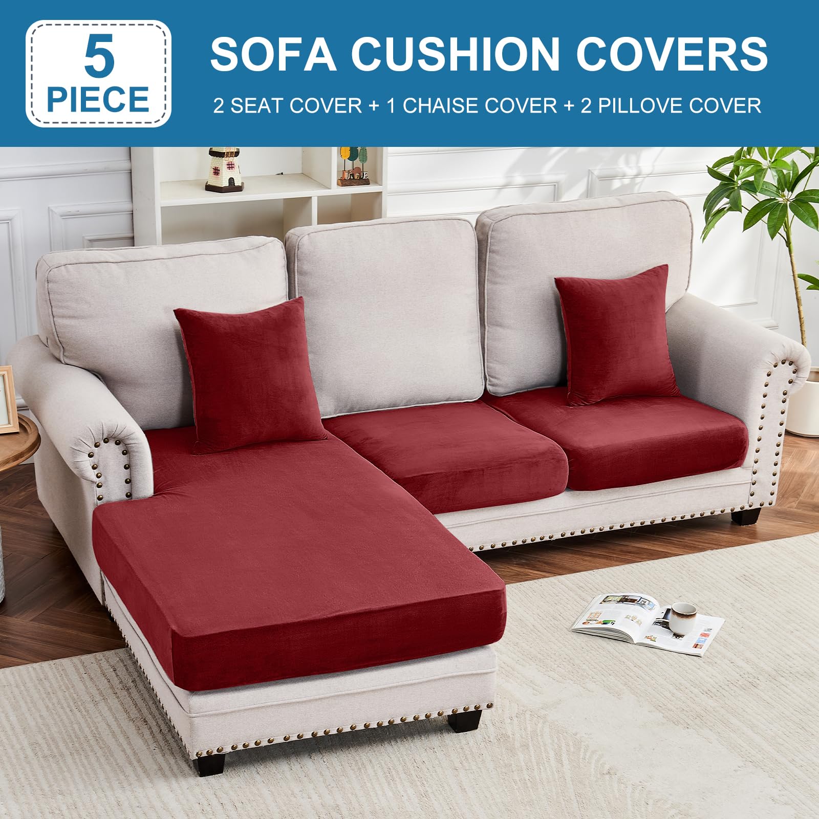 Taque Couch Cover 3-Piece Elastic Velvet Couch Cushion Covers & Chaise Slipcovers for L-Shaped Sofas, Sofa Seat Covers Washable, Soft Cover for Couches (2 Seater + Chaise, Christmas Red)