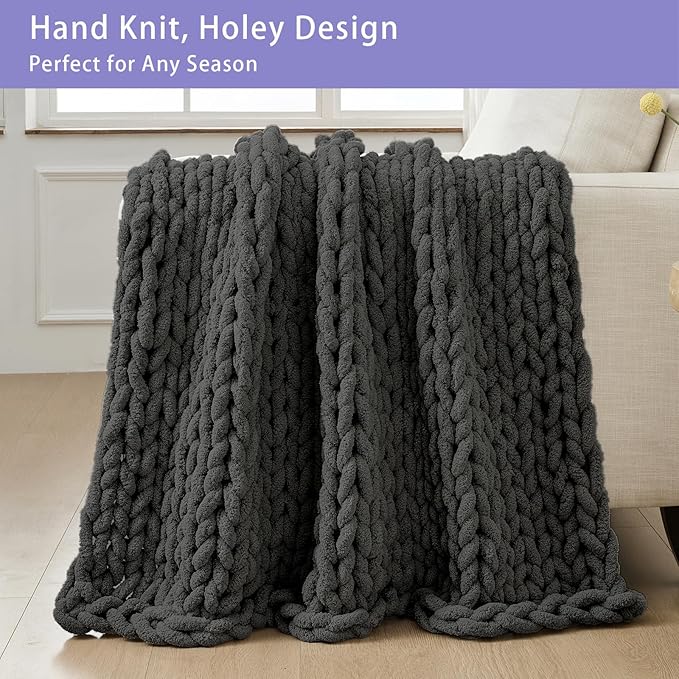 Bigacogo Chunky Knit Throw Blanket for Couch, 80x90 inches, Dark Grey