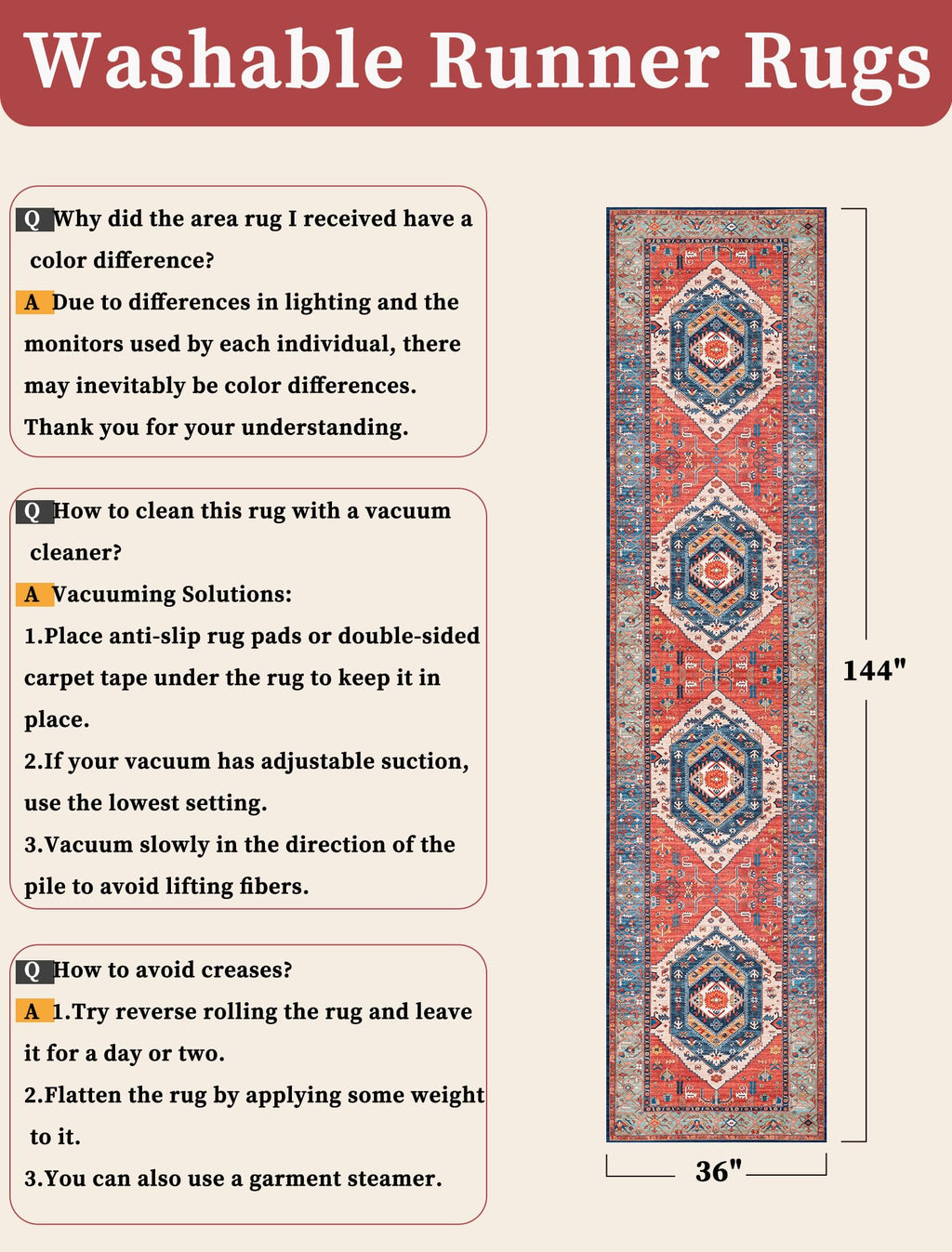SERISSA 3x12 Washable Non Slip Boho Runner Rug for Hallway，Rust