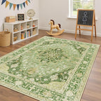 RELEANY Area Rugs 4'x6' Washable Non-Slip, Floral Vintage Distress Print Pattern Medallion Carpet for Living Room Bedroom Dining Room, Sage Green Yellow