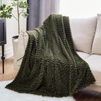 EXQ Home Fleece Blanket Twin Size for Couch or Bed - 3D Imitation Turtle Shell Jacquard Decorative Blankets - Cozy Soft Fuzzy Flannel Blanket Suitable for All Seasons(60"×80",Moss Green)