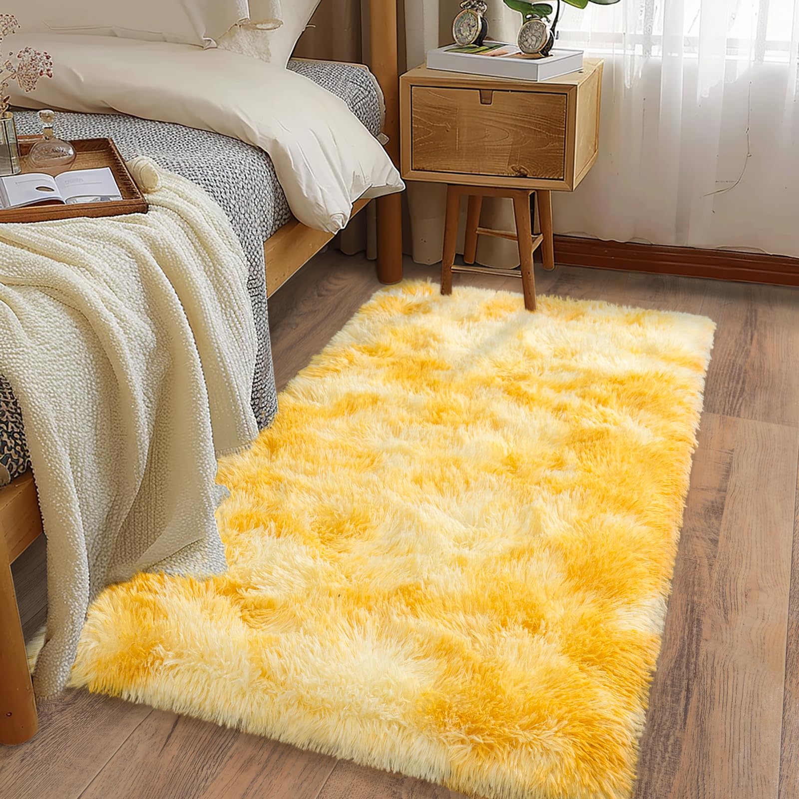 Ailyei Soft Runner Rugs for Bedroom Hallways, 2x4 Tie-Dyed Yellow Fluffy Shag Throw Area Rug Non Slip for Bedside Dorm, Long Shaggy Furry Carpet for Nursery Living Room