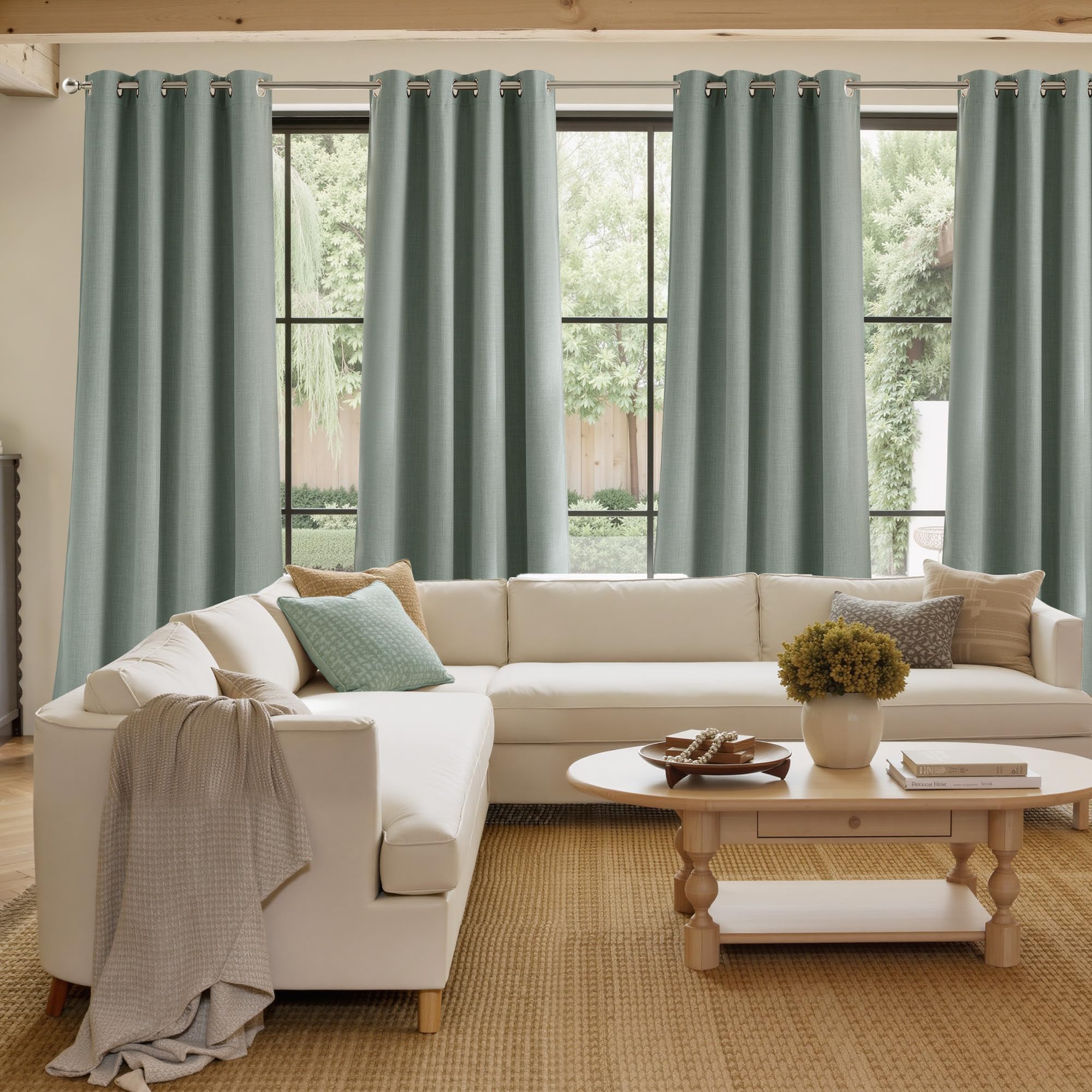 NICETOWN Sage Green Faux Linen Room Darkening Rod Pocket Curtains 63 inch Length, W42 x L63, Light Blocking Thermal Insulated Noise Reducing Drapes for Bedroom Living Room Farmhouse Decor, 2 Panels