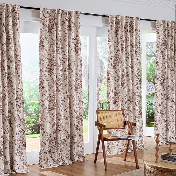 jinchan Blackout Floral Curtains for Living Room Bedroom Linen Blend Curtain Farmhouse Brick Red Printed with Lined Back Tab Rod Pocket Drapes Window Treatments 2 Panels 84 Inch