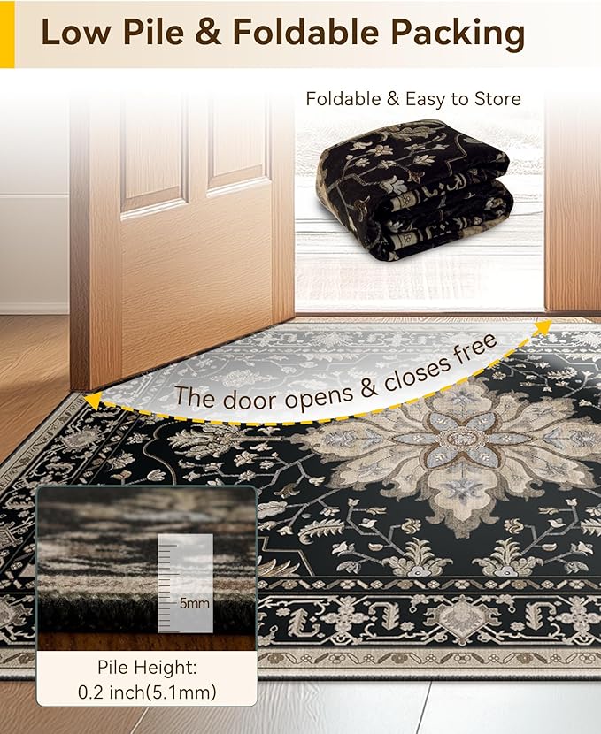 RELEANY Washable Area Rug, 5'x8', Black/Neutral