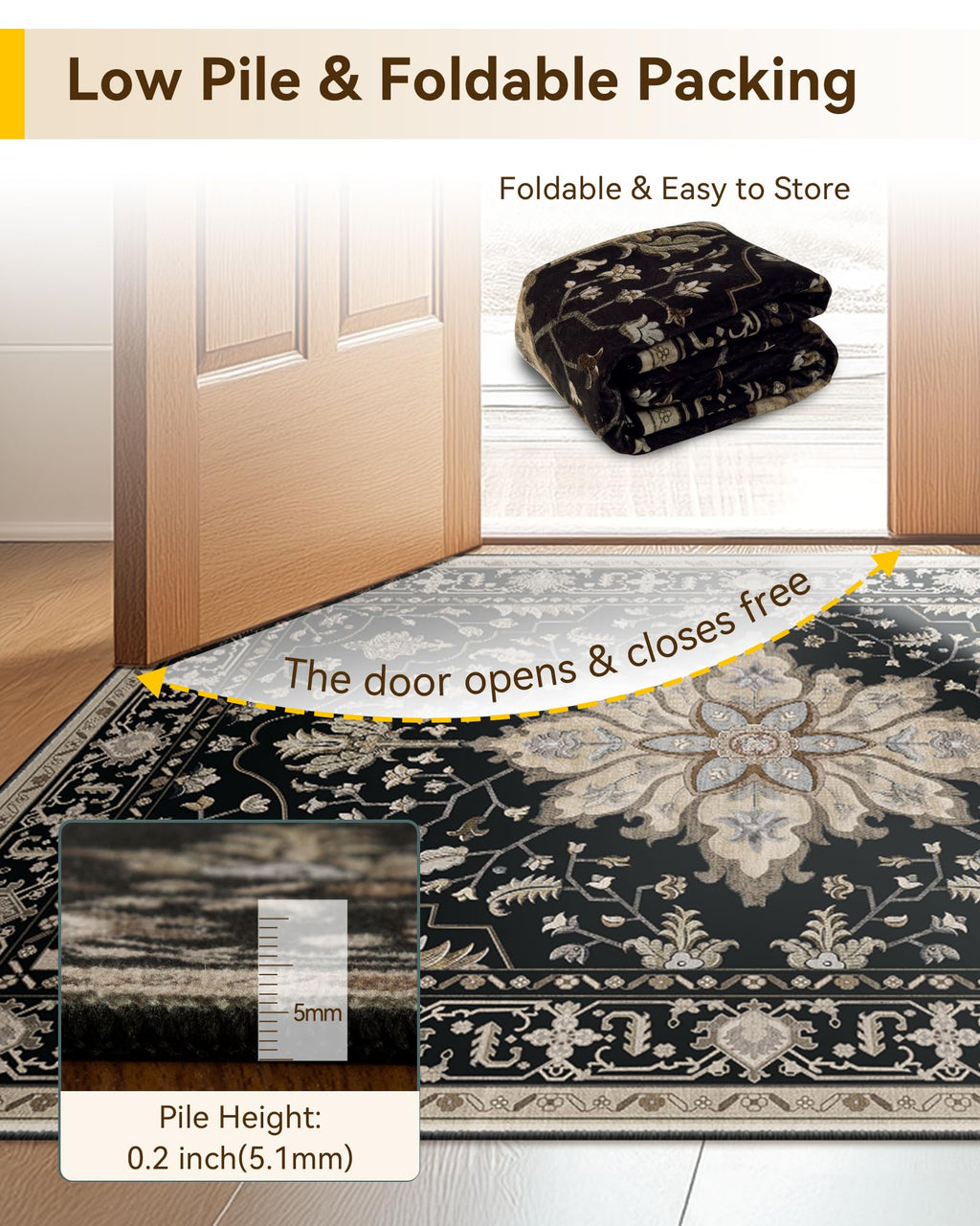 RELEANY Washable Area Rug, Large 10'x12', Black/Neutral