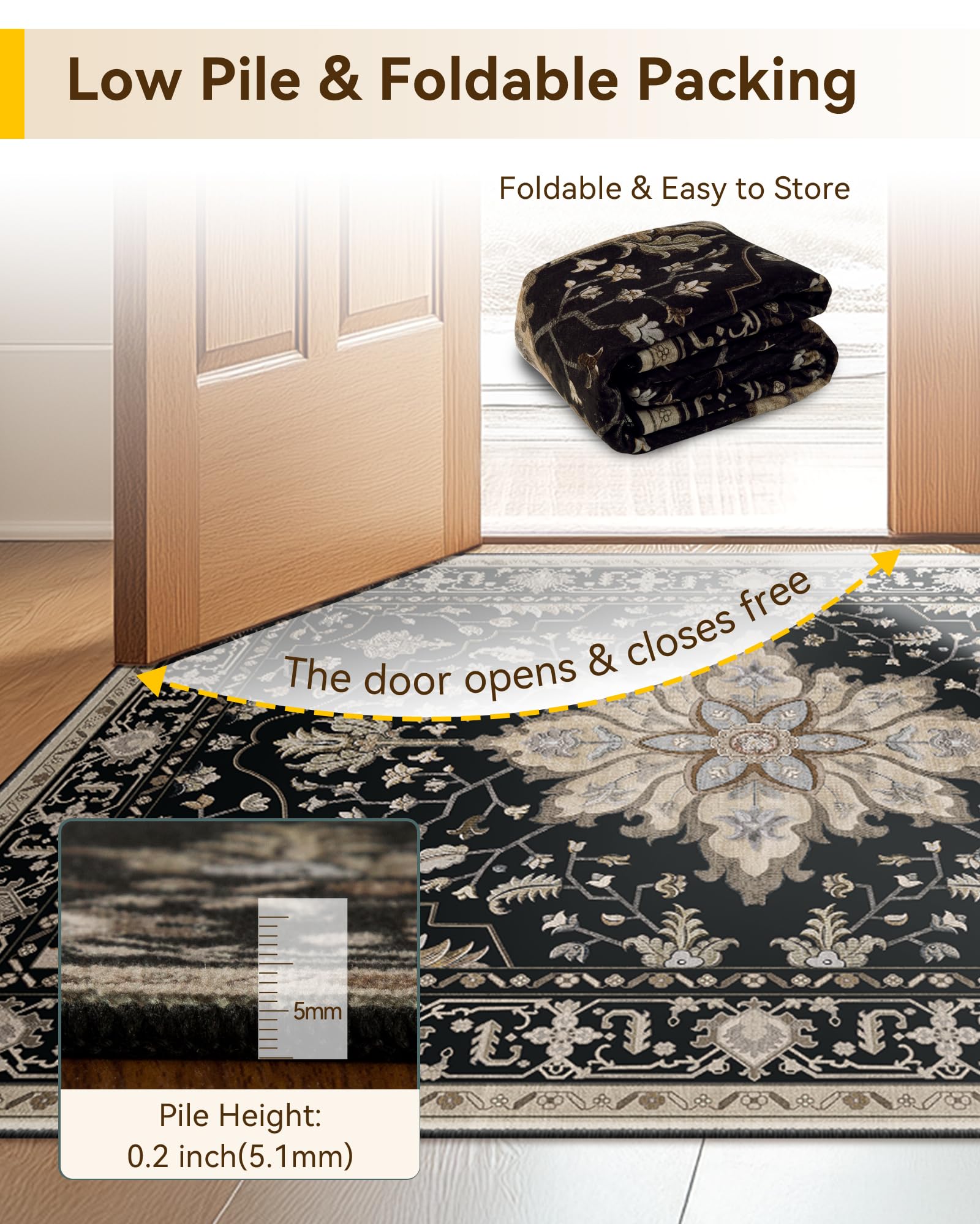 RELEANY Washable Area Rug, Runner 2'6"x12', Black/Neutral