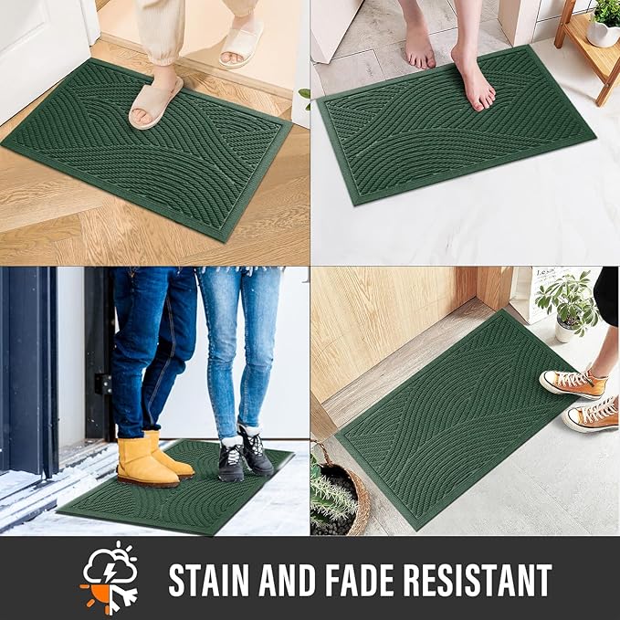 HIYARD Sturdy Front Door Mat, Absorbent Muddy Dirt Resist Welcome Door Mats Outdoor Indoor, Stain and Fade Resistant, Non-Slip Backing Entry Mat Low Profile Doormat for Entryway, 29×17, Green