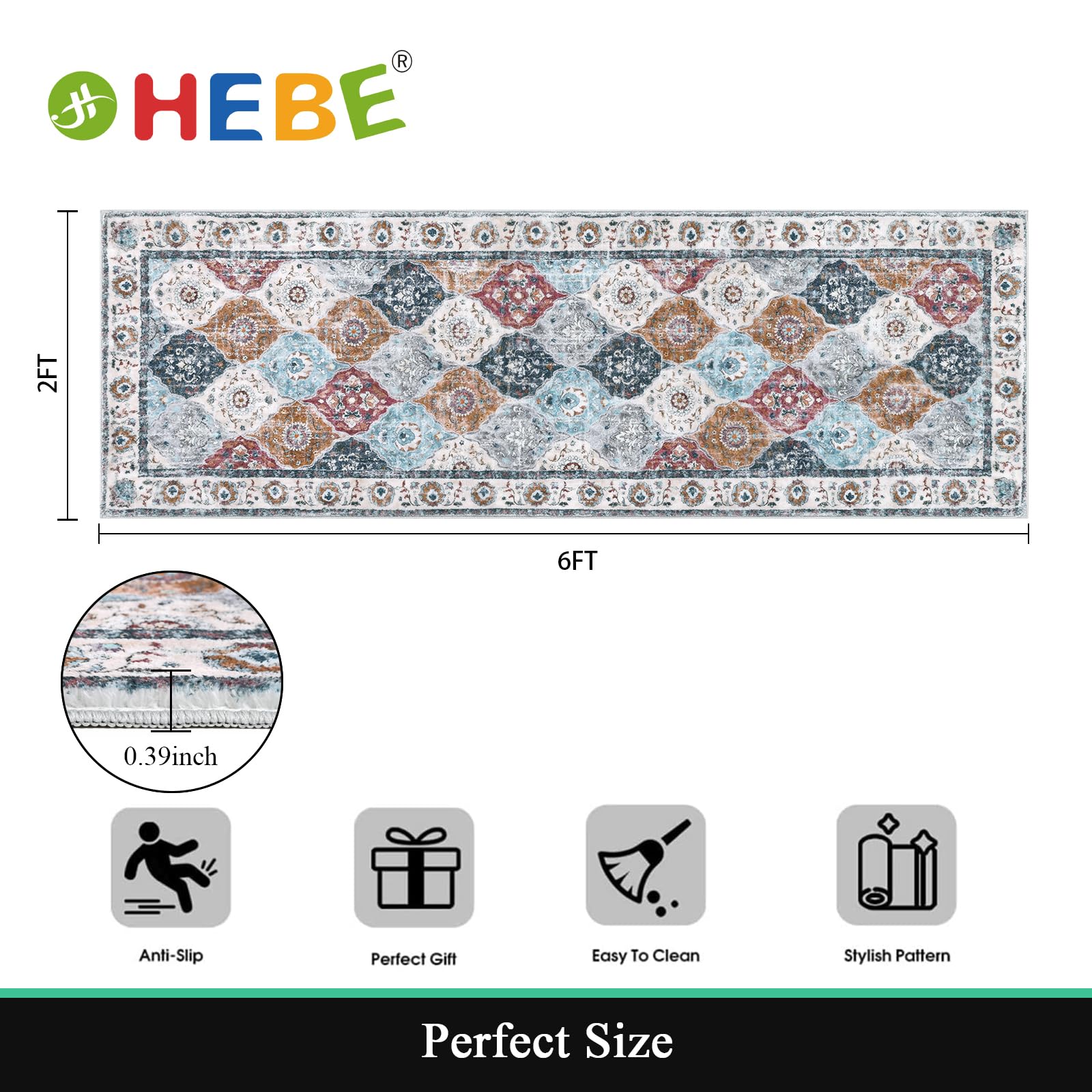 HEBE Hallway Runner Rug 2'x6', Washable Non Slip Kitchen Rug Runner
