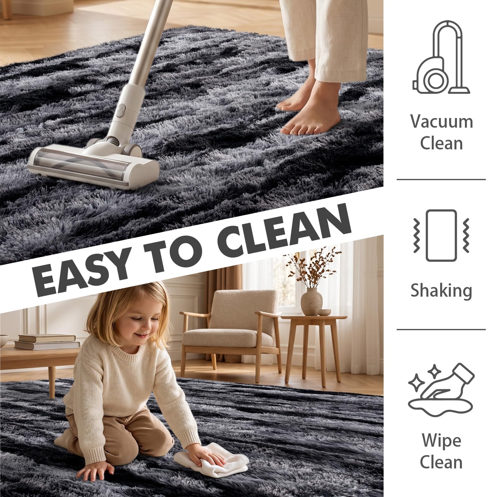 4x6 Ft Shag Rugs for Bedroom Living Room, Tie-Dyed Ultra Soft Fluffy Furry Area Rugs for Indoor Floor, Aesthetic Carpet for Kids Home Decor (Black)