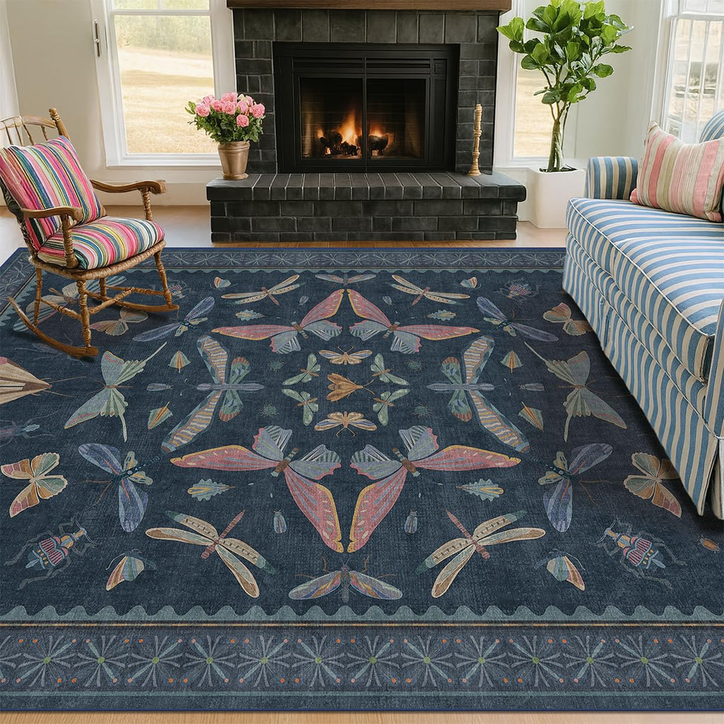 Blue 5x8 Washable Living Room Rugs - Stain Resistant Non Slip Insect Rug for Dining Room, Low Pile & Soft Carpet for Bedroom, Dark Vintage Décor Indoor, Non Skid with Rubber Backing