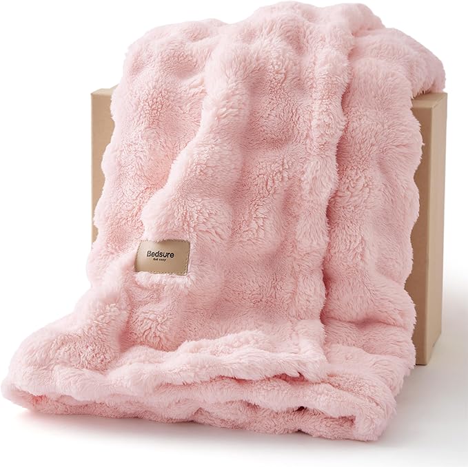 Bedsure 3D Fleece Bubble Blanket for Couch - GentleSoft Pink Throw Blanket for Sofa Bed Room Decor - Luxury Soft Cozy Gifts for Women Girls, Lightweight, All Seasons, Pink, 50"×60"