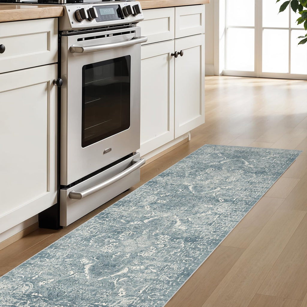 2'6"x8 Washable Runner Rug: Vintage Non-Slip Medallion Rug for Kitchen Blue