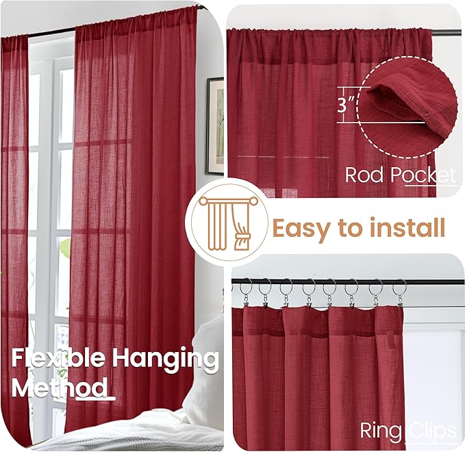 BGment Long Linen Semi Sheer Curtains 102 Inch Length for Living Room, Burgundy Lightweight Window Drapes for Bedroom with Rod Pocket Rustic Textured, 2 Panels Set, Each 52 Inch Wide