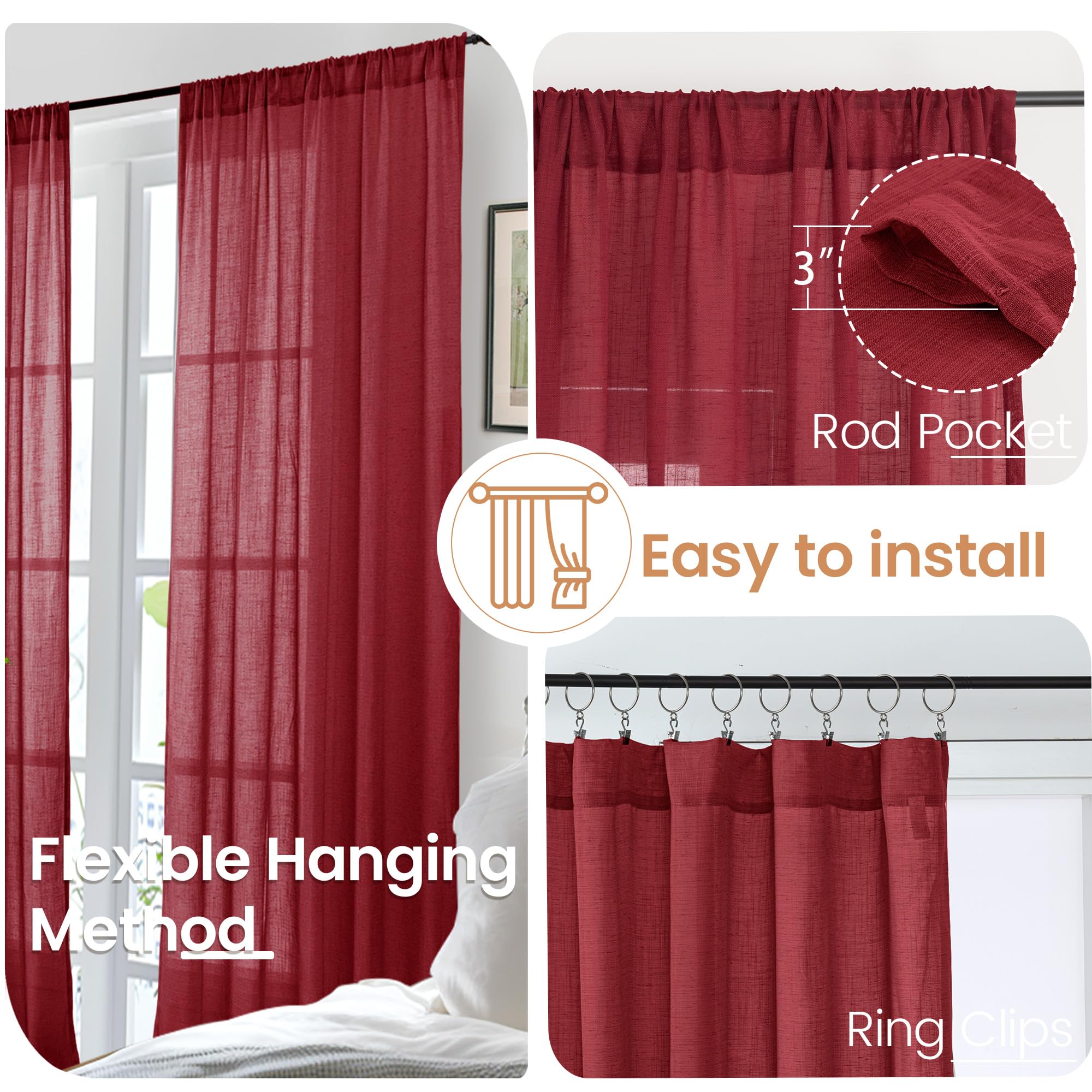 BGment Burgundy Linen Curtains 63 Inches Long for Living Room, Semi Sheer Window Drapes Lightweight Rustic Country Textured with Rod Pocket for Dining Bedroom, 2 Panels, Each 42 Inch Wide