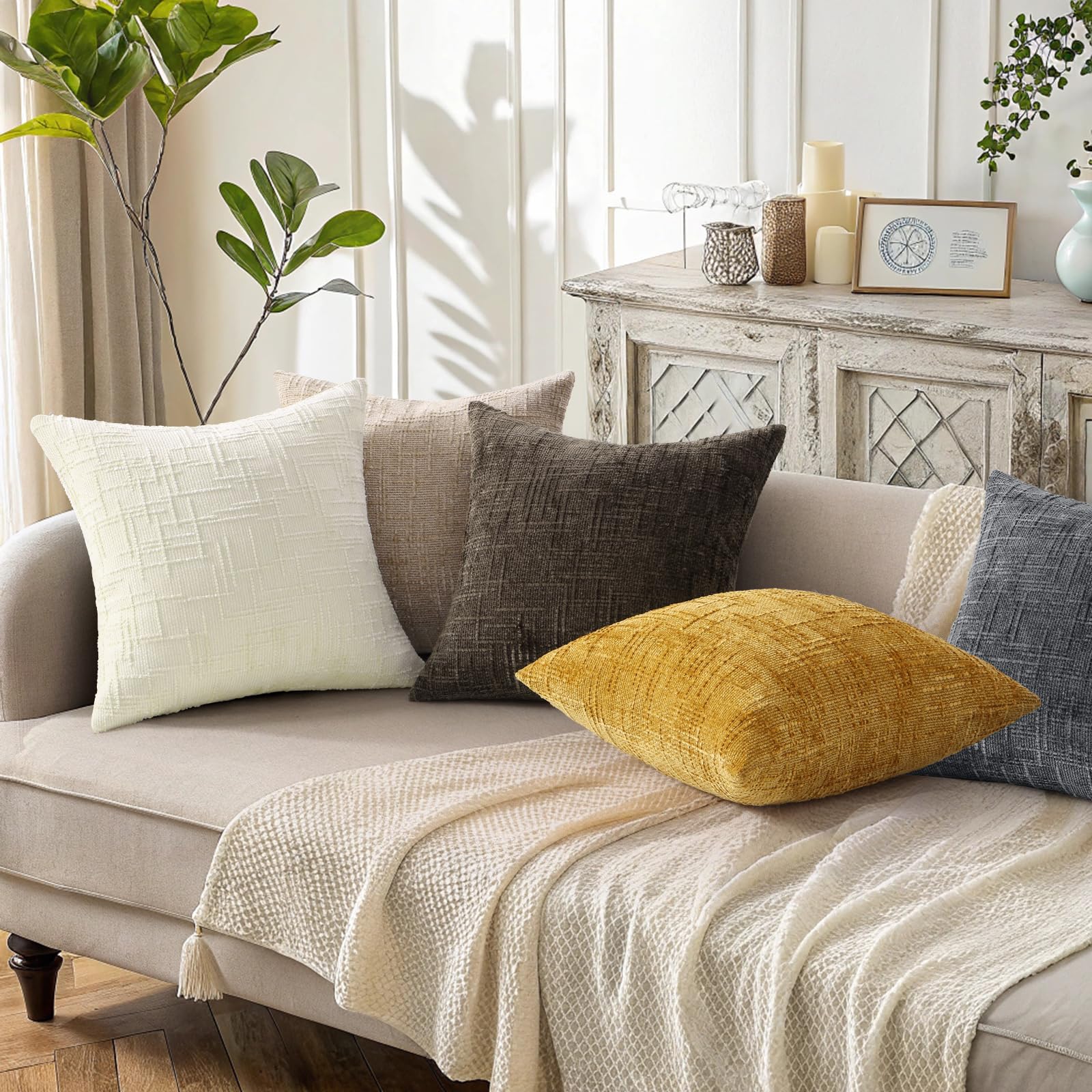 decorUhome Textured Chenille Throw Pillow Covers 22x22 Set of 2 Dark Grey