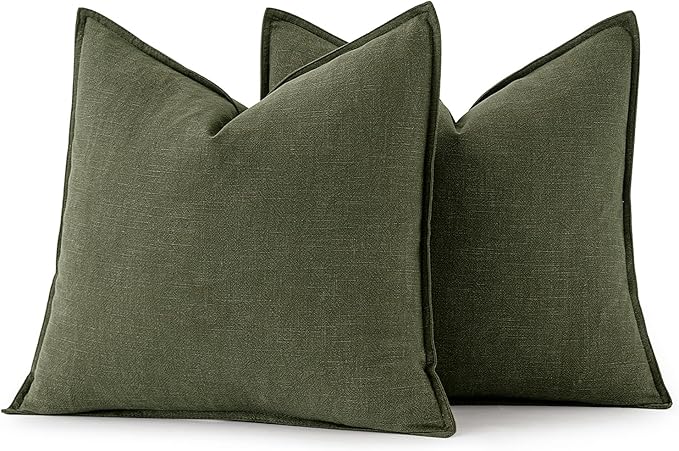 MIULEE Decorative Linen Pillow Covers 18x18 Inch Dark Olive Green