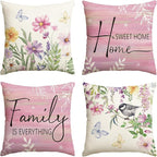 AVOIN colorlife Spring Saying Flowers Butterfly Pink Throw Pillow Covers, 16 x 16 Inch Home Sweet Home Cushion Case for Sofa Couch Set of 4