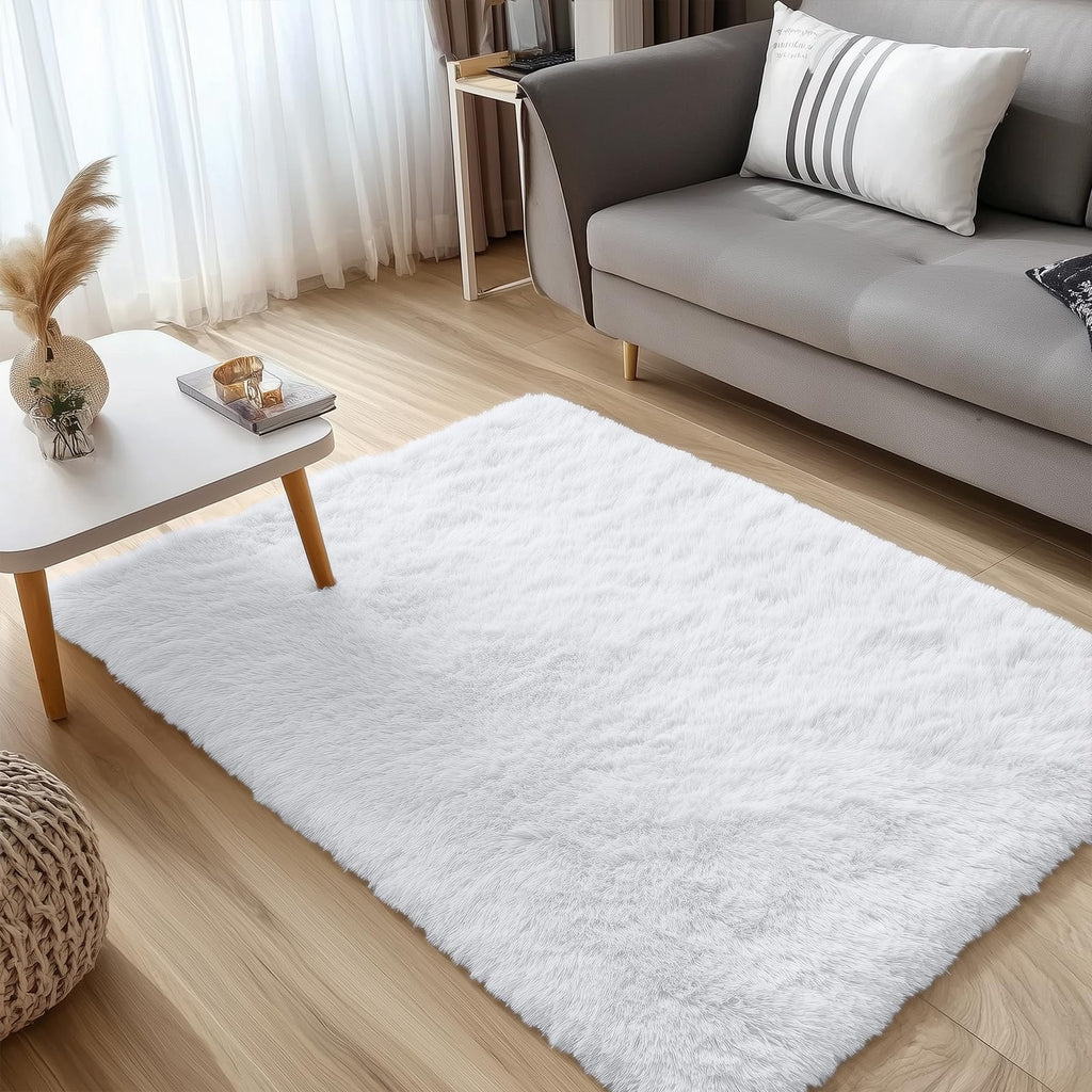 OLANLY 3x5 Machine Washable Small Bedside Rug, Soft Fluffy Shaggy Rugs for Living Room, Bedroom, Indoor Floor Carpet for Kids Girls and Boys, Preppy Dorms, Nursery, Home Decor Aesthetic, White