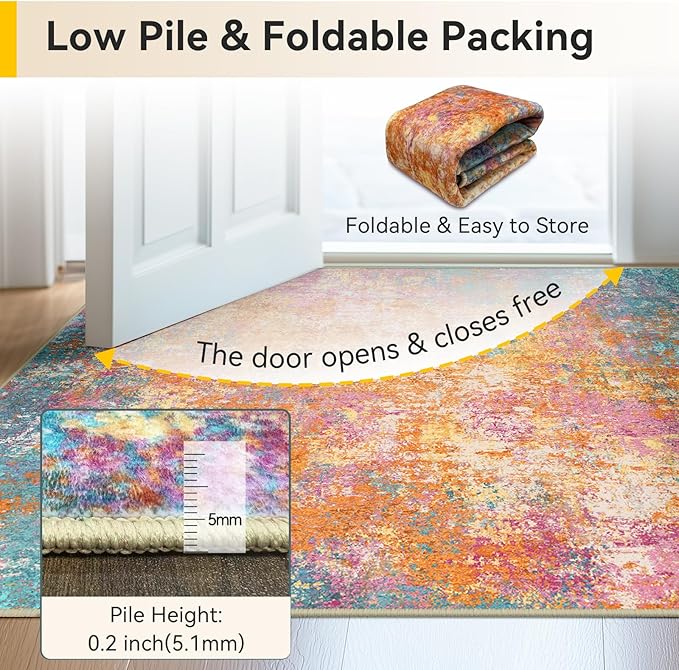 Washable Area Rugs 5'x7' Non-Slip Modern Abstract Soft for Living Room Entryway Bedroom Nursery, Print Pattern, Orange Blue Pink Yellow Colorful