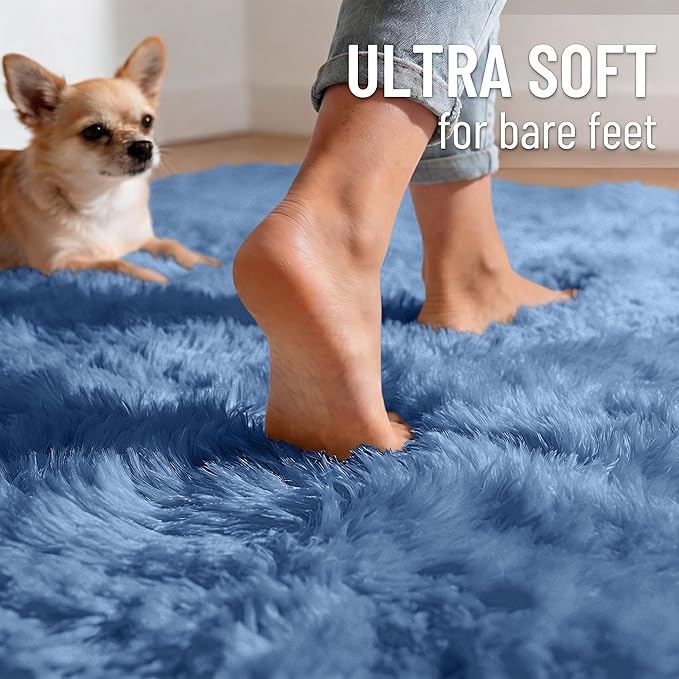 OLANLY Blue Round Rugs for Bedroom - Machine Washable, 2 ft Circle Area Rugs for Living Room, Soft and Fluffy Shaggy Carpet for Teen Girl and Boys, Nursery Rooms, Dorms, Home Decor Aesthetic