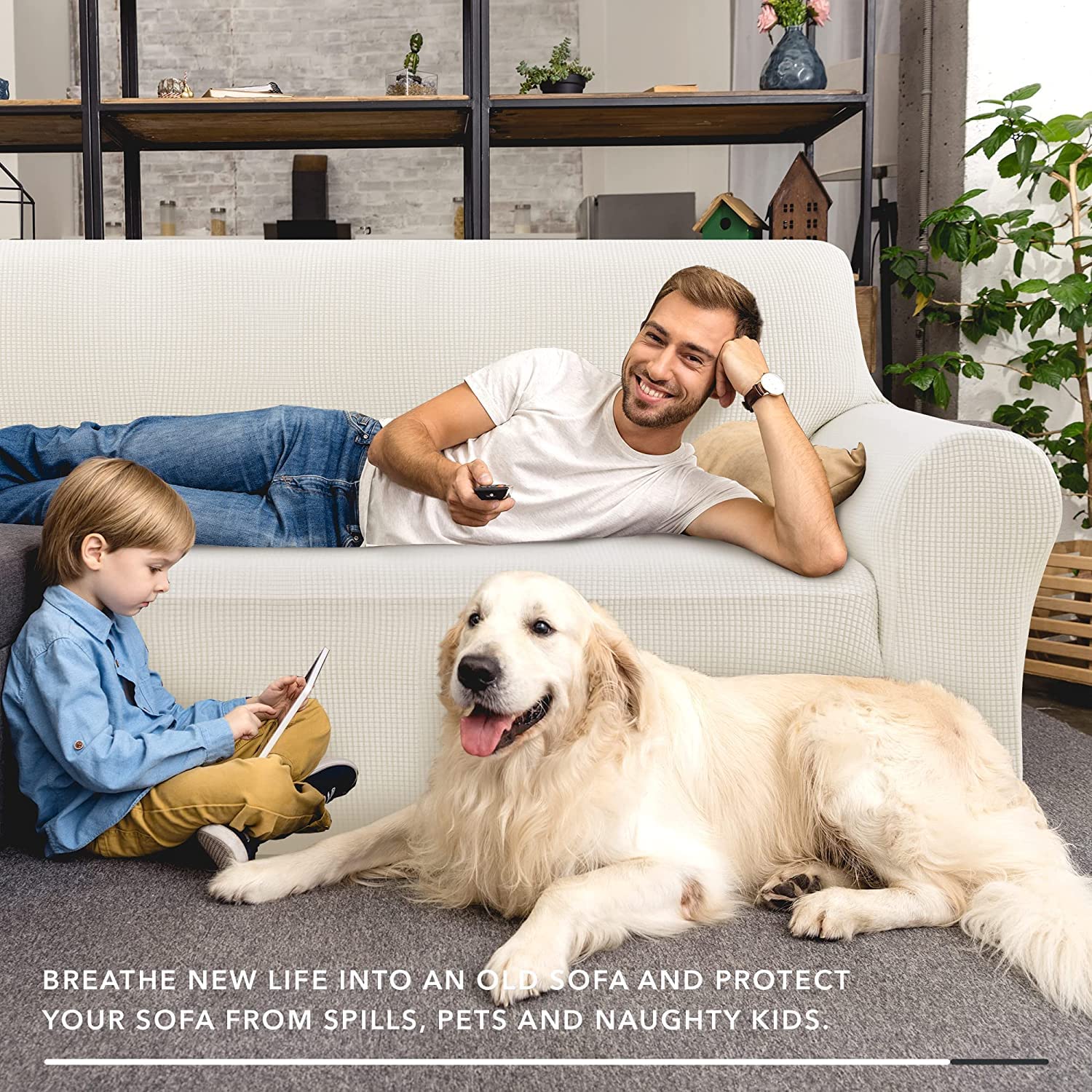 ZNSAYOTX Stretch Oversized Couch Cover Universal Sofa Covers for Living Room Dogs Pet Furniture Protector Spandex Extra Large Sofa Slipcovers with Anti Slip Foam Sticks (White, XL Sofa)