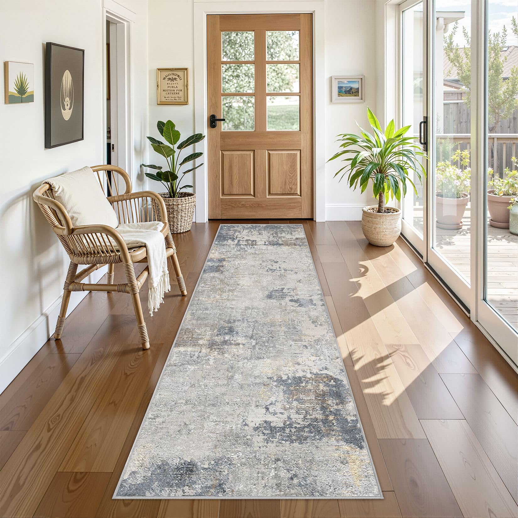 UERMEI 2x8 Washable Runner Rug for Hallway, Non Slip Low Pile Kitchen Carpet, Neutral Modern Abstract Indoor Floor Mat for Entryway Laundry, Kid & Pet Safe High Traffic Area, Blue Grey