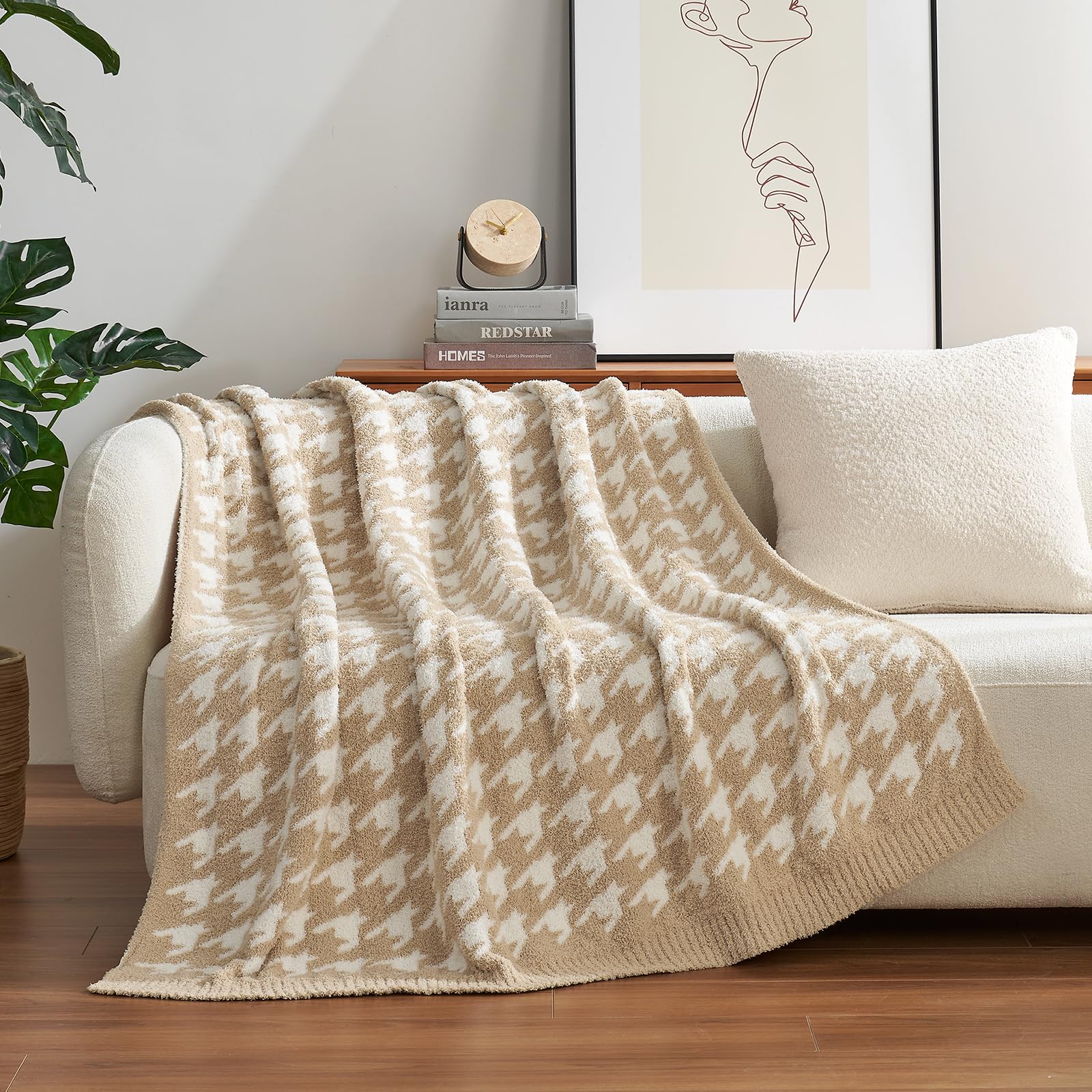 Snuggle Sac Throw Blanket for Couch, Reversible Super Soft Warm Blankets Cozy Knit Fuzzy Plush Lightweight Throws for Sofa, Bed, Camping,Houndstooth Beige,50x60 inches